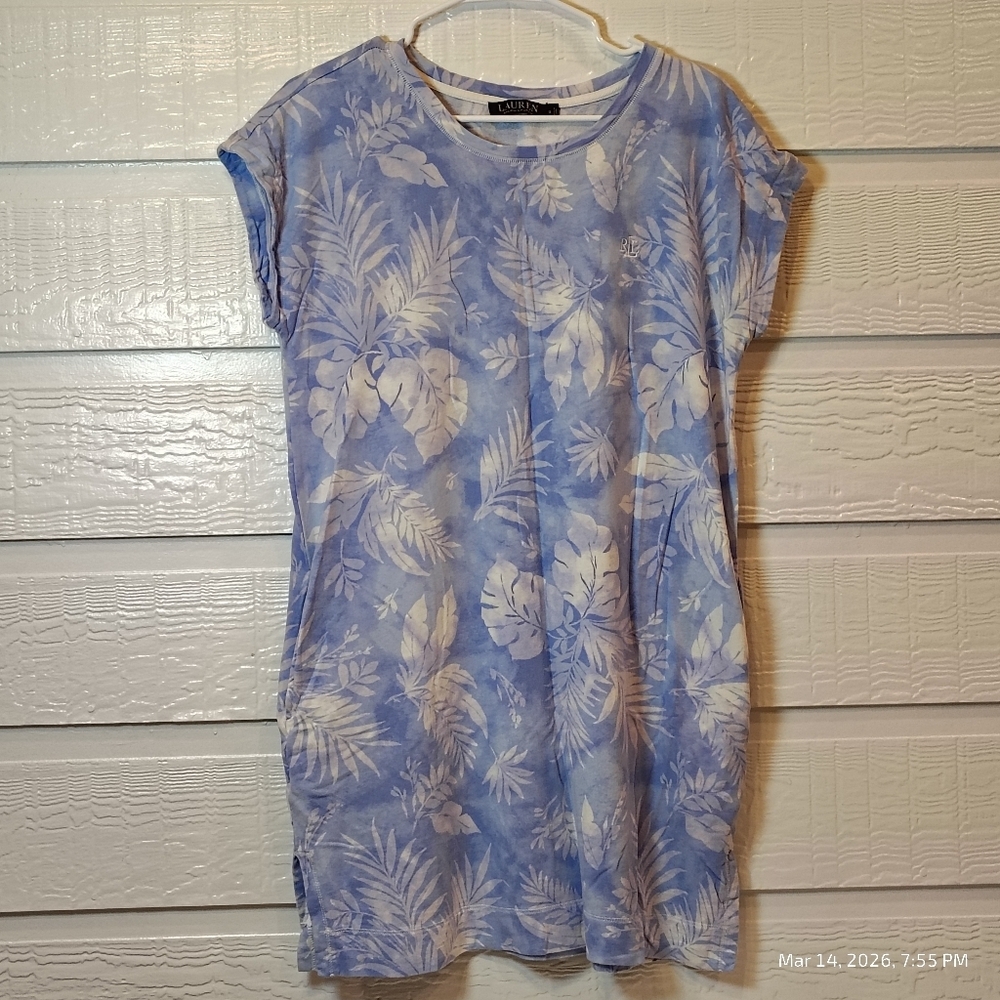 Lauren‎ Ralph Lauren Women Medium Tropical Palm Print T-Shirt Dress Pockets Blue